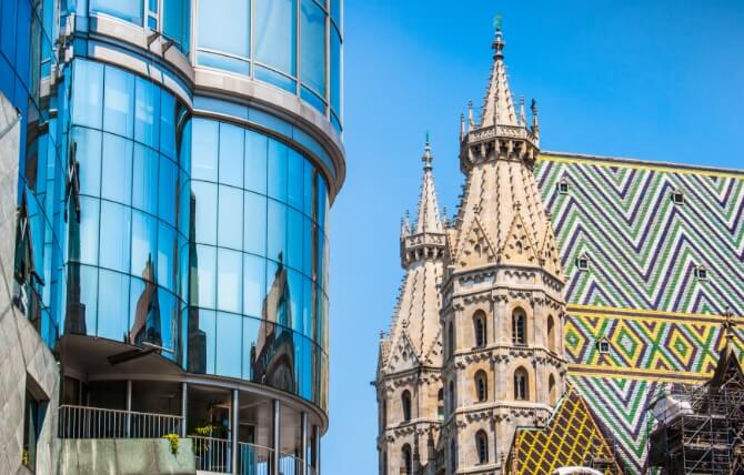 Haas Haus with St. Stephen's Cathedral at Stephansplatz in Vienna, Austria.
