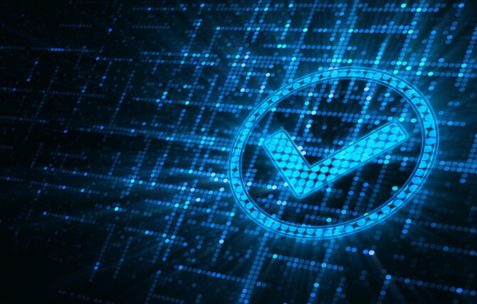 Glowing digital checkmark in a circle