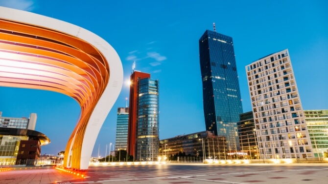 Modern Danube City skyscrapers at dusk in Vienna, Austria