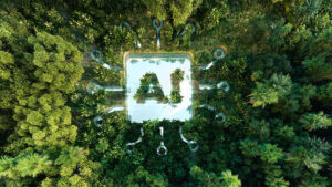 Abstract icon representing the environmental of Ai in the form of a pond with a Ai symbol in the middle of a beautiful untouched jungle. 3d rendering.